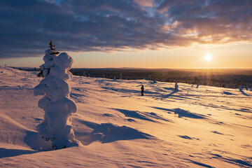 Hiking to the summit of Mount Kiilopää during a spectacular arctic sunset in Finnish Lapland. © julen