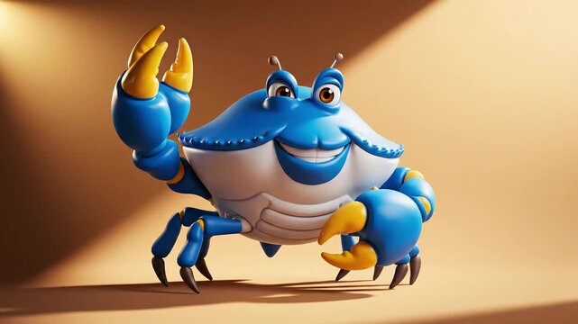 Cheerful Cartoon Crab with bright blue shell and yellow claws waving, perfect for children's content or marine-themed promotions.