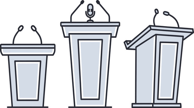 Vector illustration of three different podiums with microphones on top for public speaking and presentation purposes in a simple line art style