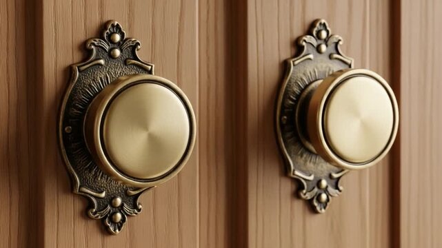 Two antique brass door knobs on a wooden door with intricate details