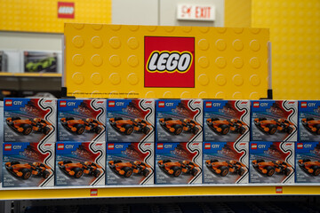 Fototapeta premium LEGO City Formula 1 sets displayed on retail shelf. Toronto, Canada - February 18, 2026.