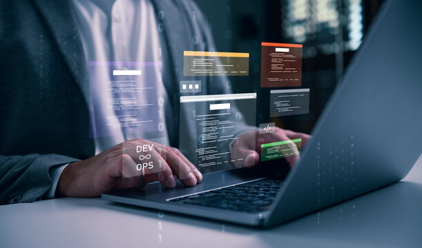 Software developer working on laptop with DevOps interface and source code windows, cloud computing, programming, application deployment, system integration, modern software development workflow.