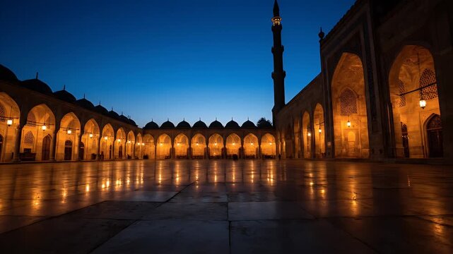 Twilight at Al-Hakim Mosque Grand Courtyard Reflecting Lights in Cairo Egypt Arches and Minaret