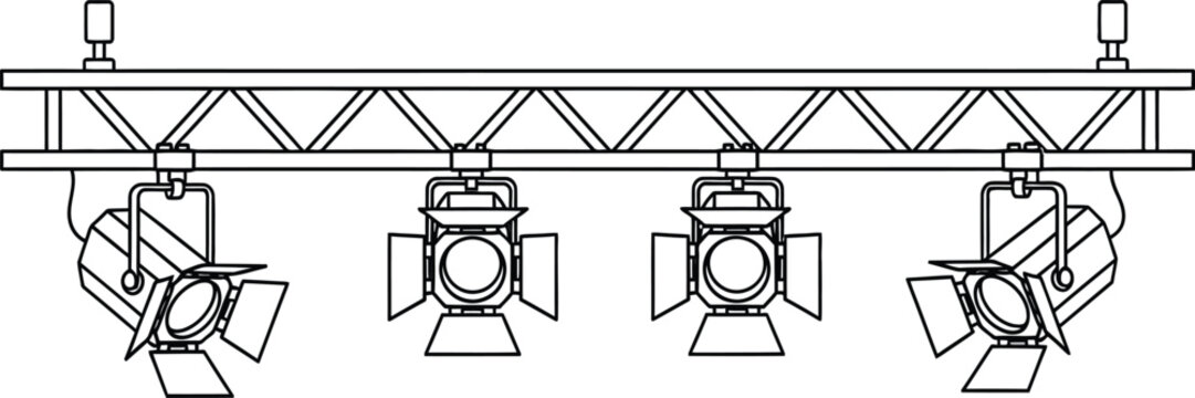 Four stage lights mounted on a metal truss structure for theater or concert lighting design