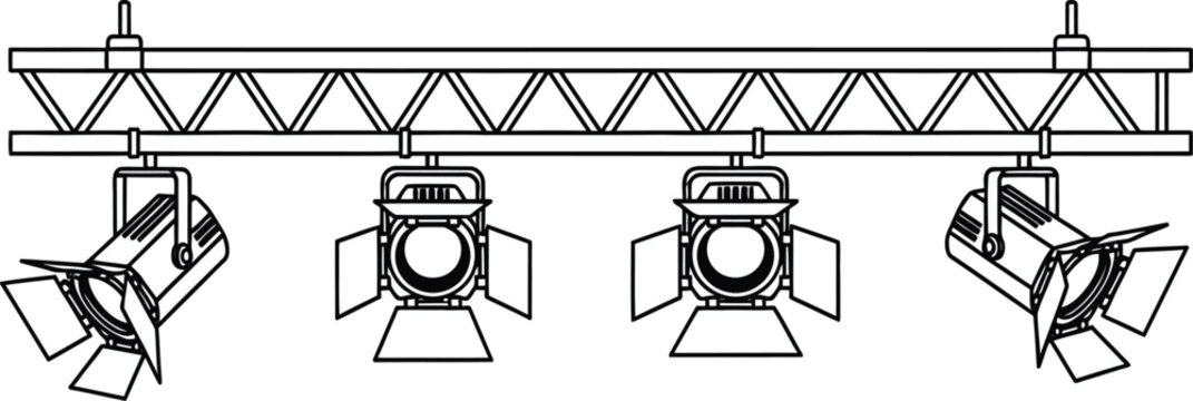 Stage lighting equipment with four spotlights on a truss system for theater or concert lighting design