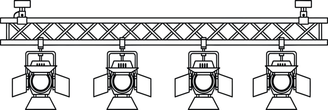 Four stage lights mounted on a horizontal truss system for theatrical or concert lighting design