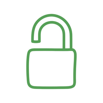 Minimalist green outline padlock icon, symbolizing concepts of open access, security freedom, authorization, and unrestricted entry in digital and physical realms