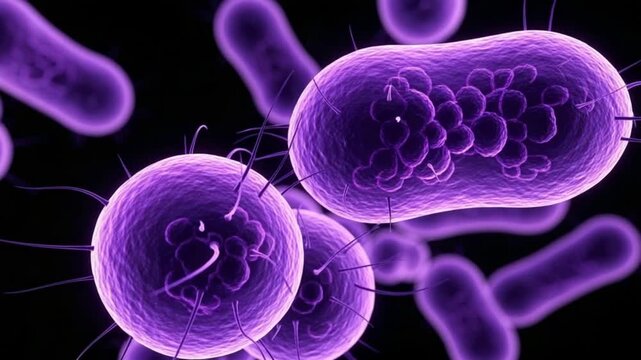Microscopic view of bacteria and microorganisms in purple hue against black background