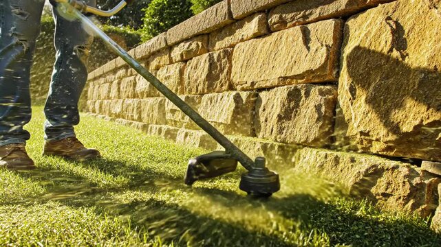 A person using a lawn edger on a grassy area next to a stone wall