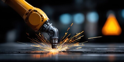 Industrial robot arm performing welding with bright sparks flying in a factory setting