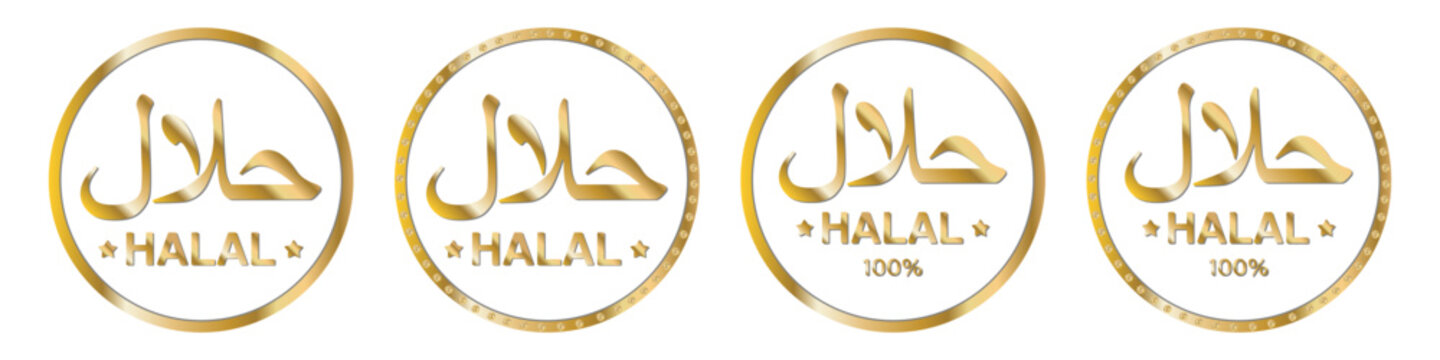 Set of round halal certification icons in elegant gold design and luxury logo with diamond accents. Circular halal logos presented in pure gold. Clean vector symbols isolated.