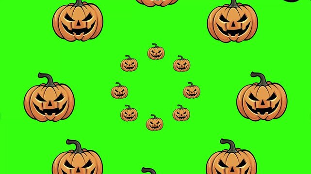 Animated pattern of rotating and zooming Halloween pumpkins on green screen. Fun and vibrant seasonal background