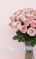 Pink roses in clear vase, soft pastel background, delicate petals and green leaves.