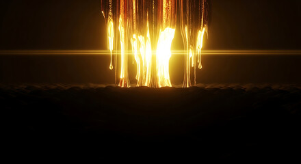 radiant golden liquid columns melting onto a dark desolate landscape creating an otherworldly and powerful glow with a bright lens flare