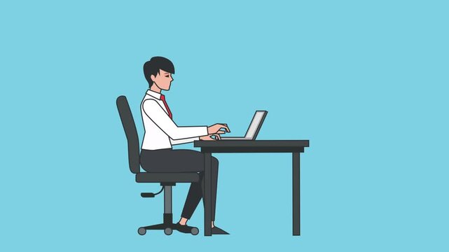 Animated businessman typing on laptop at desk, working diligently in a modern office setting, broadcast quality 4K video clip ready for professional use