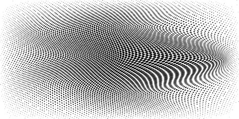 Fototapeta premium Abstract wave halftone black and white. Monochrome texture for printing on badges, posters, and business cards. Vintage pattern of dots randomly arranged