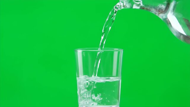 Water being poured into a clear glass against green screen background