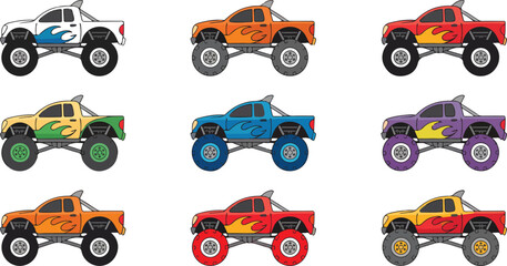 Cartoon Monster Truck Outline Icon Set  Big Wheels and Off-Road Vehicles © MSTZOWRON