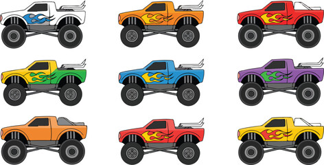 Cartoon Monster Truck Outline Icon Set  Big Wheels and Off-Road Vehicles © MSTZOWRON