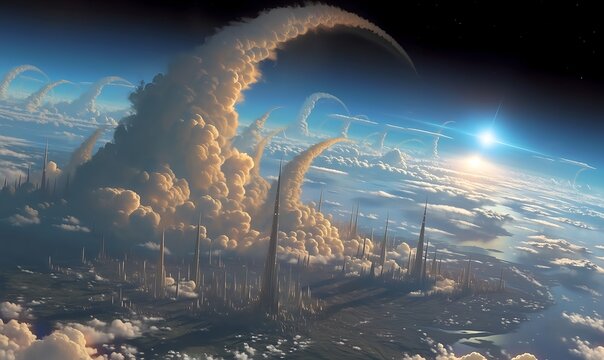 Large scale space survival narrative showing Earth surrounded by colossal engines forcing the planet out of its orbit