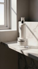 A sleek white bottle on a marble countertop near a window with natural light casting shadows