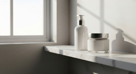 Cosmetic products on a white countertop near a window