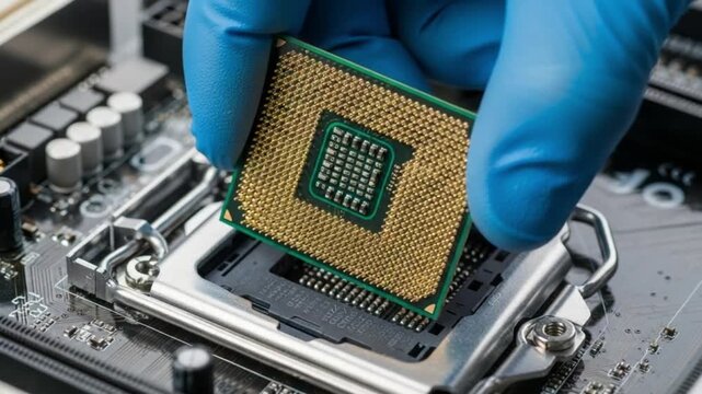 Hand in blue glove installing a microchip processor into a computer motherboard