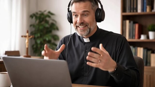 Caucasian male priest in black clerical attire engages in animated conversation via laptop, showcasing gestures and expressions in a well-lit home office setting