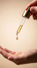 Hands holding dropper with serum on beige