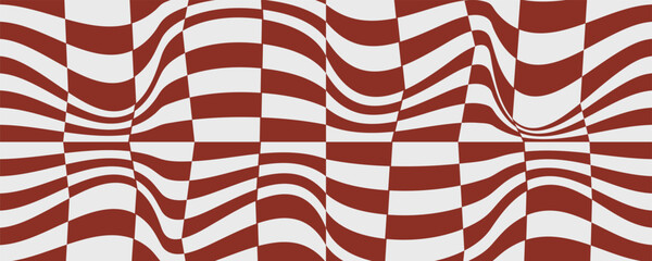 Trippy checkerboard background. Retro psychedelic checkered wallpaper. Wavy groovy chessboard surface. Distorted geometric pattern. Abstract vector