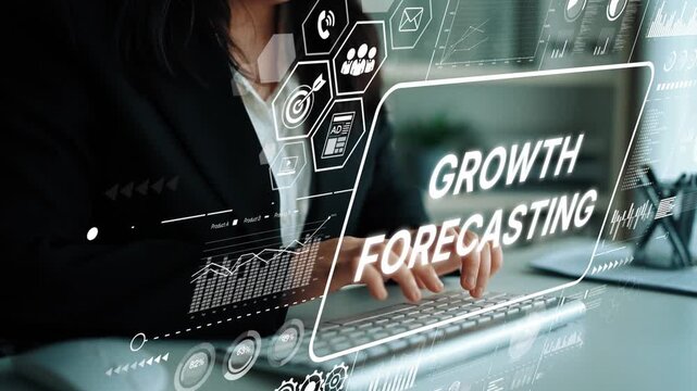 Professional Woman Engaged in Growth Forecasting with Digital Analytics and Data Visualization Concepts in Modern Office Setting. Asymptotic smart data analytic.