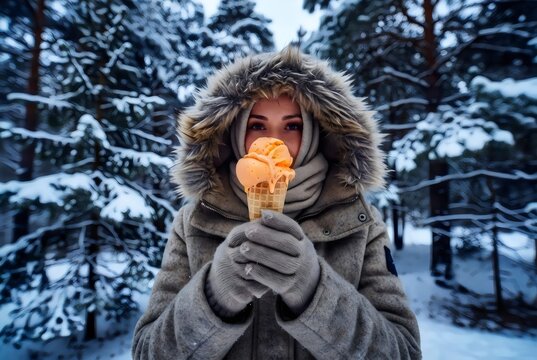 Winter lifestyle woman in parka holding melting orange ice cream cone in snowy forest, contrast of cold weather and summer treat. 