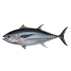Yellowfin Tuna fish with dark blue back and silver body isolated on a transparent background
