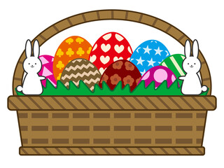 祝祭、行事、イベントでもあるイースターをかごに入ったカラフルで派手な装飾の卵とうさぎをイラストでデザイン・表現したグラフィック素材