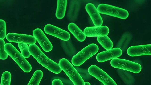Green bacteria cells on dark background in microscopic view approximately 160 characters long