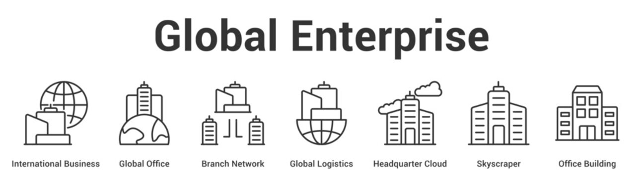 Global Enterprise web banner icon set vector illustration concept for business with icon of International Business, Global Office, Branch Network, Global Logistics, Headquarter Cloud, Skyscrap.