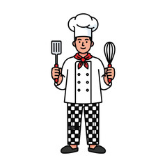 Cartoon chef holding kitchen utensils in a friendly pose