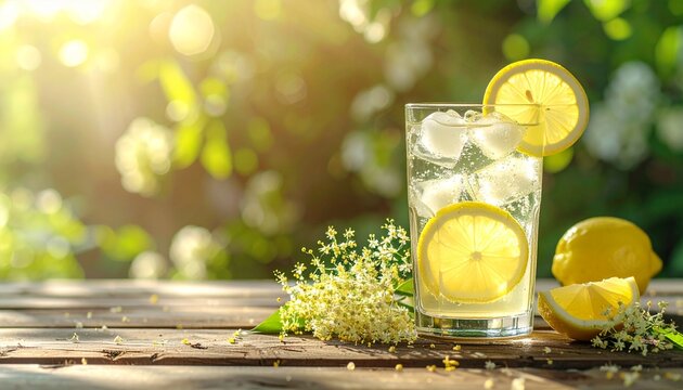 Erfrischender Holunderbl&uuml;tensirup Drink auf Holz mit Platz f&uuml;r Text