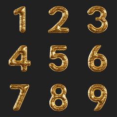 Set of Gold Foil Balloon Numbers 1, 2, 3, 4, 5, 6, 7, 8, 9 On Black Background For Celebration, Party, And Luxury Decor