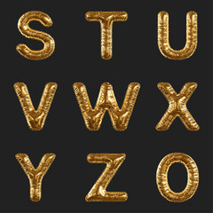 Set of Gold Foil Balloon Letters S, T, U, V, W, X, Y, Z and Number 0 On Black Background For Celebration, Party, And Luxury Decor