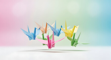 Colorful Origami Cranes on Gradient Background