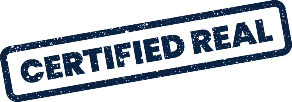 A rectangular grungy stamp featuring the text certified real indicating authenticity and verification