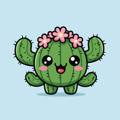 Naklejka premium Kawaii cactus character with pink flowers on head standing alone