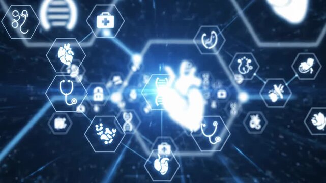 Medical icons connected in a network on blue background