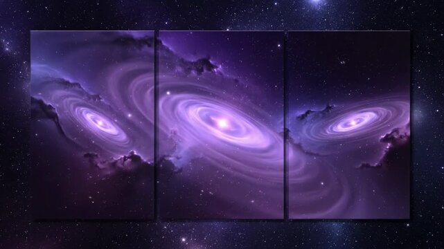 Triptych of purple galaxy images on a starry night sky