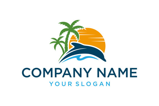 Tropical Dolphin and Palm Trees Logo Design with Sunset and Ocean Waves for Travel and Vacation Branding