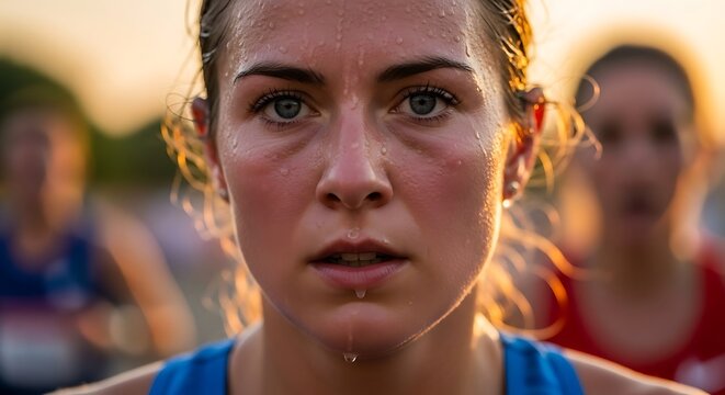 Close-up portrait of a determined female runner sweating profusely after intense competition