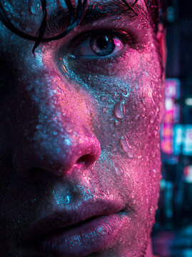 Neon lit close-up of man with water droplets, cyberpunk nightlife portrait