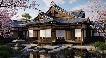 Fototapeta premium Tranquil japanese garden with traditional house and cherry blossoms