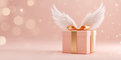 Fototapeta premium Delicate pink gift box with golden ribbon and fluffy angel wings on soft background